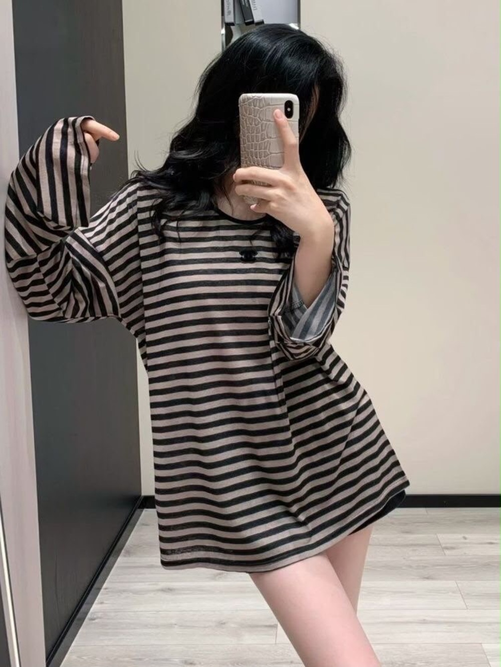 Striped Oversized Long Sleeve Dress - Black & Beige